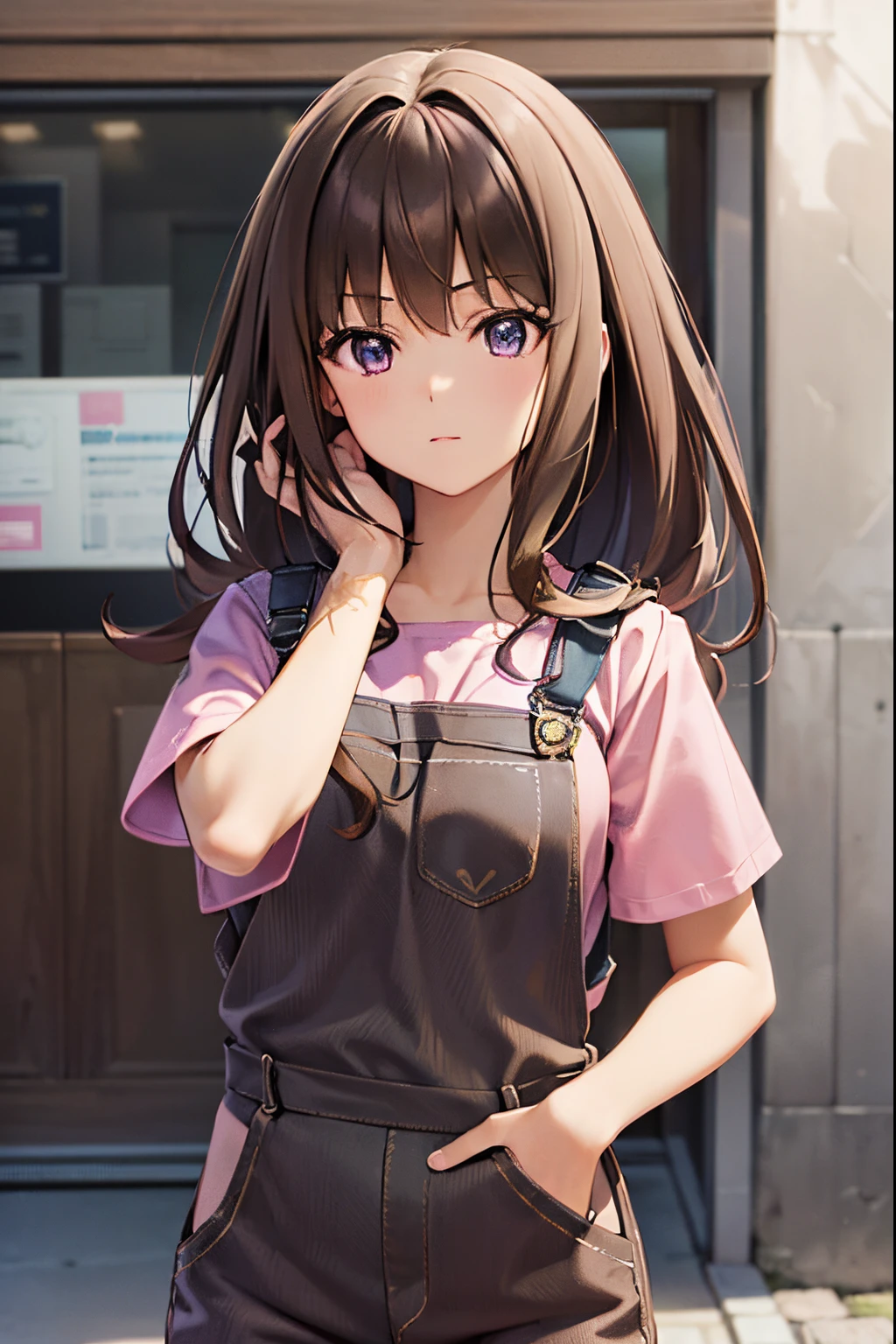 Takiinoue, Takina Inoue, The long-haired, bangss, A dark-haired, (Purple Eye:1.2), (brown short overalls:1.4), (Pink blouse:1.4), Outdoor break, sity, BREAK (​masterpiece:1.2), Top image quality, hight resolution, Unity 8k壁纸, (illustratio:0.8), (Beautiful detail eyes:1.6), extra detailed face、Perfect litthing、extremely details CG、(perfect hand、perfect anatomia)、Takina Inoue、Inoue,Takina, 1girll, Background in the city, years, (fluffy hair:1.3)