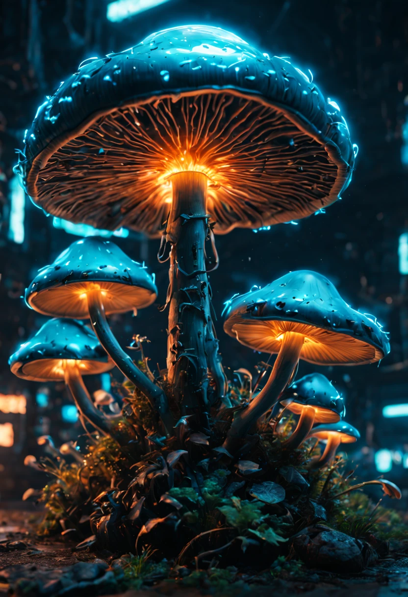 Bioluminescent Mushroom, cyberpunk, ultra-wide-angle, octane render, Enhance, intricate, (best quality, masterpiece, Representative work, official art, Professional, unity 8k wallpaper:1.3)