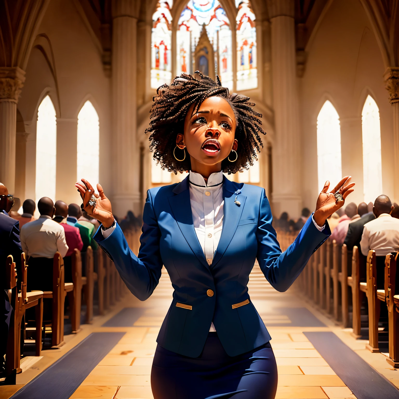 African American woman pastor preaching to congregation. Congregation at the alter crying some of the floor