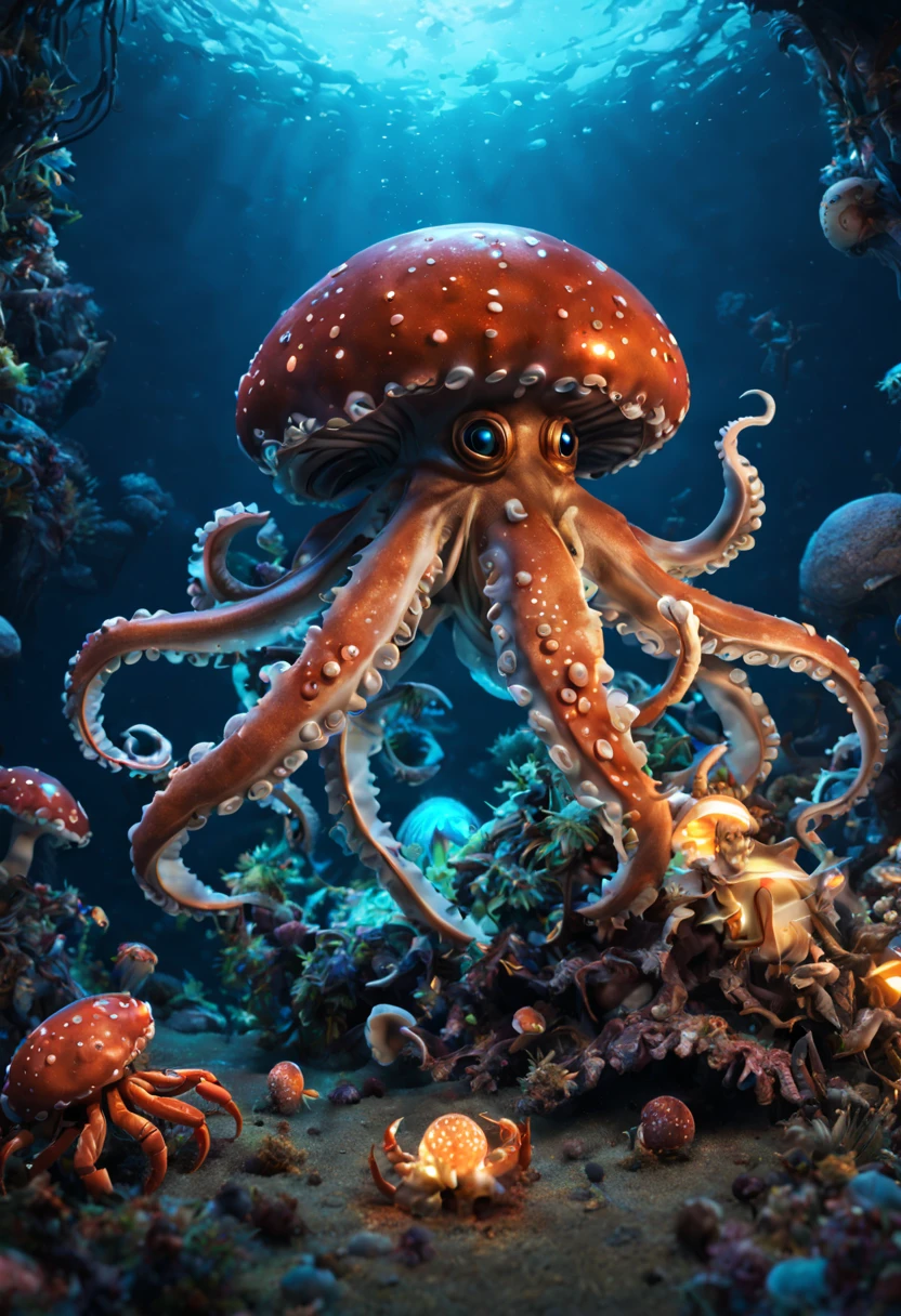 Bioluminescent Mushroom, (Crab harvesting, octopus), undersea, ultra-wide-angle, octane render, Enhance, intricate, (best quality, masterpiece, Representative work, official art, Professional, unity 8k wallpaper:1.3)