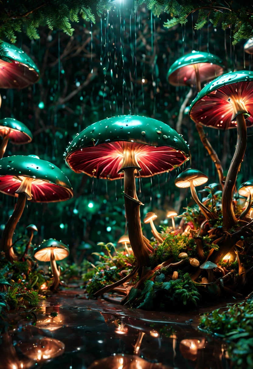 Bioluminescent Mushroom, umbrella rain, far view, Cranberry, pine green, copper, cream, ultra-wide-angle, octane render, enhance, intricate, (best quality, masterpiece, Representative work, official art, Professional, unity 8k wallpaper:1.3)