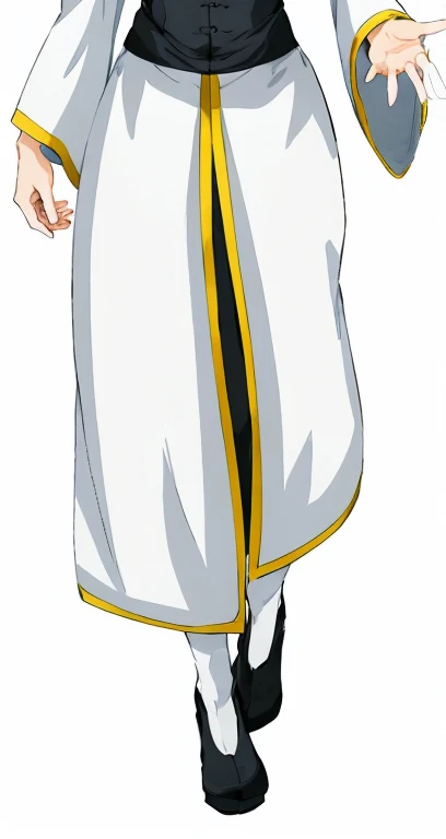 a cartoon image of a woman in a white dress and black hat, hijikata toushirou of gintama, very long white cloak, full body close-up shot, white uniform, in a flowing white tailcoat, shinkai makoto, white cloak, gold and white cloak, long white cloak, official art, official illustration, sougo okita
