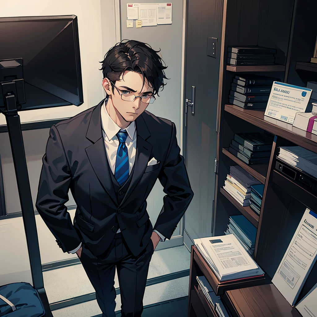 1 adult man, Athletic Body, black short hair is all back, glasses, calm face, in a blue formal suit, standing, in the office, masterpiece, beautiful detailed grow, ultra high res.