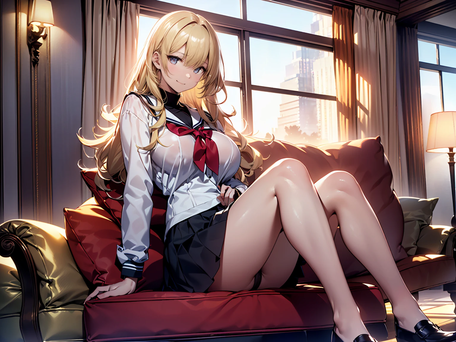 (top-quality,High resolution,(Ultra high definition,4K), (超A high resolution,in 8K), extremely detailed CG unified 8k wallpaper, masutepiece:1.2), (Perfect Anatomy,Anatomically accurate), Angle from below), (Girls' High School Sailor Uniform), (Soft lighting, 光线追踪), ((Sitting on a sofa in the lobby of a luxury hotel, legs wide open)), ((1 beautiful woman), High-definition beauty face, high-definition picture, See-through panties, (Crisp double eyelids), (Seductive look), (Large breasts:1.3), (Soft skin), (Photorealistic), (Glowing skin), (colourful hair), (blondehair)