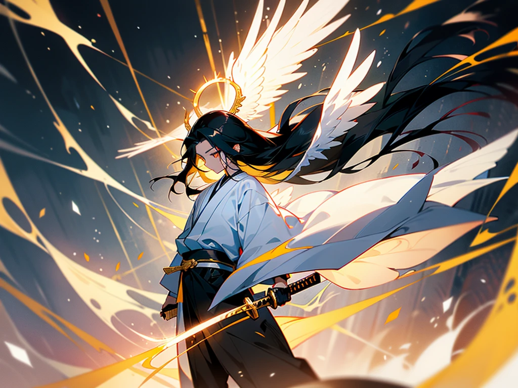 Young body boy with long black hair wearing a white mixed with black haori with a white angel wings while walking with a katana in his hand and two sheaths on his waist with ice around him,golden eyes and an angel halo on the golden head