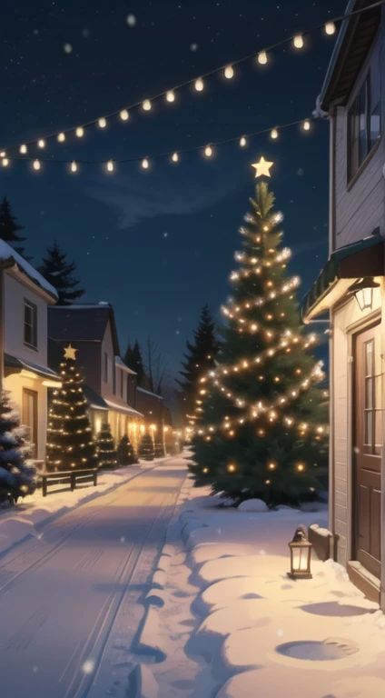 Christmas, Winter season, scenery, snow and pine trees on the streets. neiborhood. Christmas lights at night.
