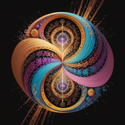 hyperrealistic artwork that uses colorful overlapping shapes to create an image showing the delicate dance of human relationships utilising Mandelbrot fractals and celtic symbology. The look should be inspired by energy, confusion and love with an emphasis on texture and intricate detail including hand - drawn typefaces & organic flourishes , 16k