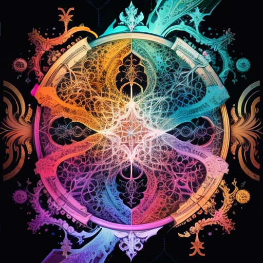 hyperrealistic artwork that uses colorful overlapping shapes to create an image showing the delicate dance of human relationships utilising Mandelbrot fractals and celtic symbology. The look should be inspired by energy, confusion and love with an emphasis on texture and intricate detail including hand - drawn typefaces & organic flourishes , 16k