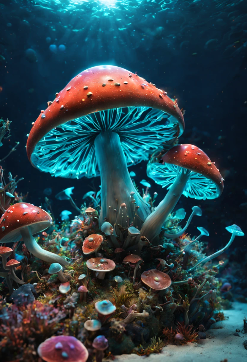 Crab cutting Bioluminescent Mushroom, undersea, ultra-wide-angle, octane render, Enhance, intricate, (best quality, masterpiece, Representative work, official art, Professional, unity 8k wallpaper:1.3)