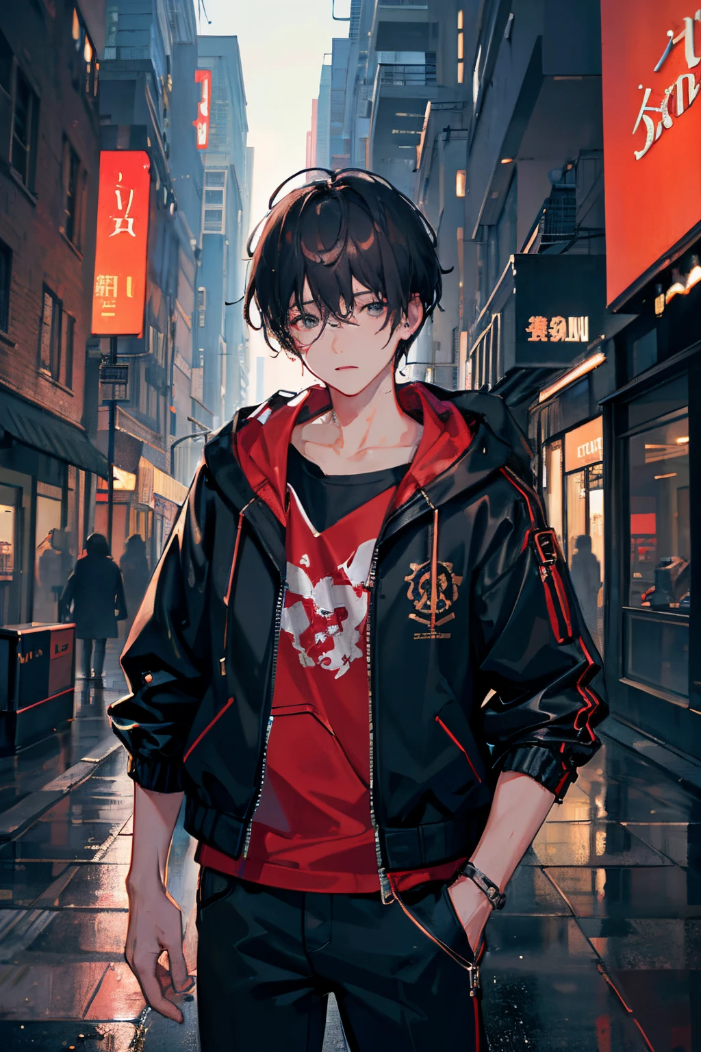 1boy, Jacket, Rain, plein air, Hoodie, Open jacket, chain, backpack, looking at another, hair messy, 8K resolution, Highly detailed, Anatomically correct, Sharp Image, Digital Painting, Concept art,A detailed face