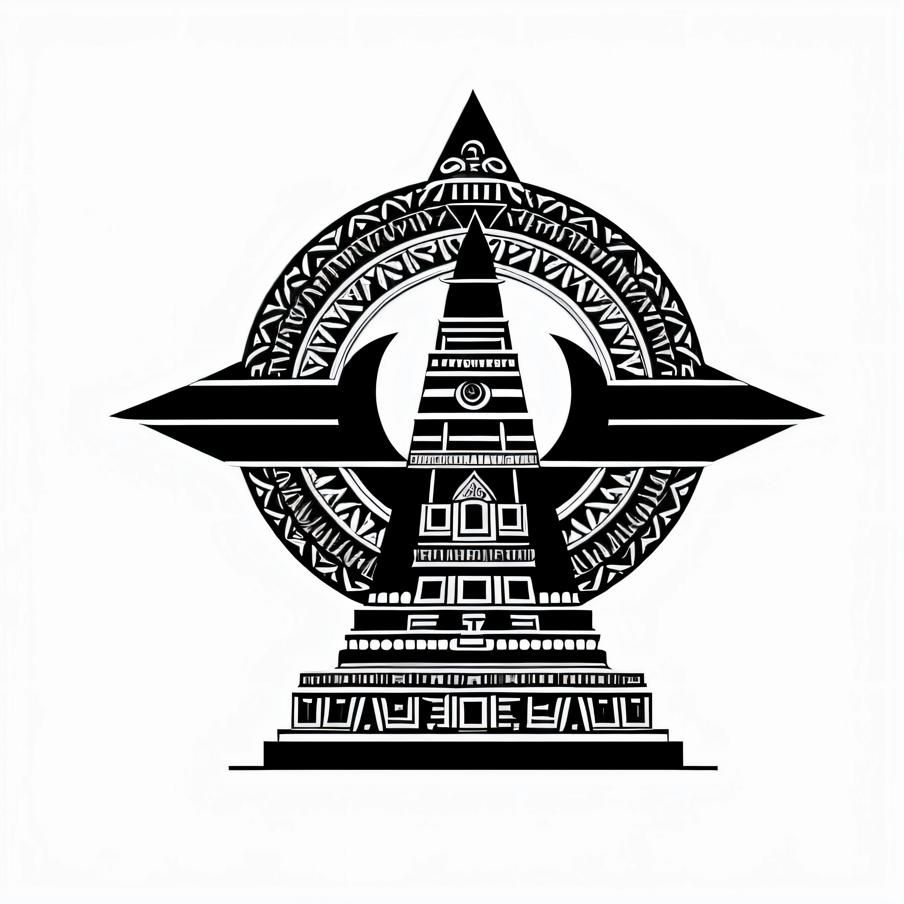 Black and white totem statue，There is a bird on it, giant aztec spaceship, Glyph of Seonanacat, quetzkotel&#39;art-style, Official illustration, totem 2, aztec images, black and white vector art, line art illustration, author：Tom Lapadula, quetzalcoatl, huge strange spaceship