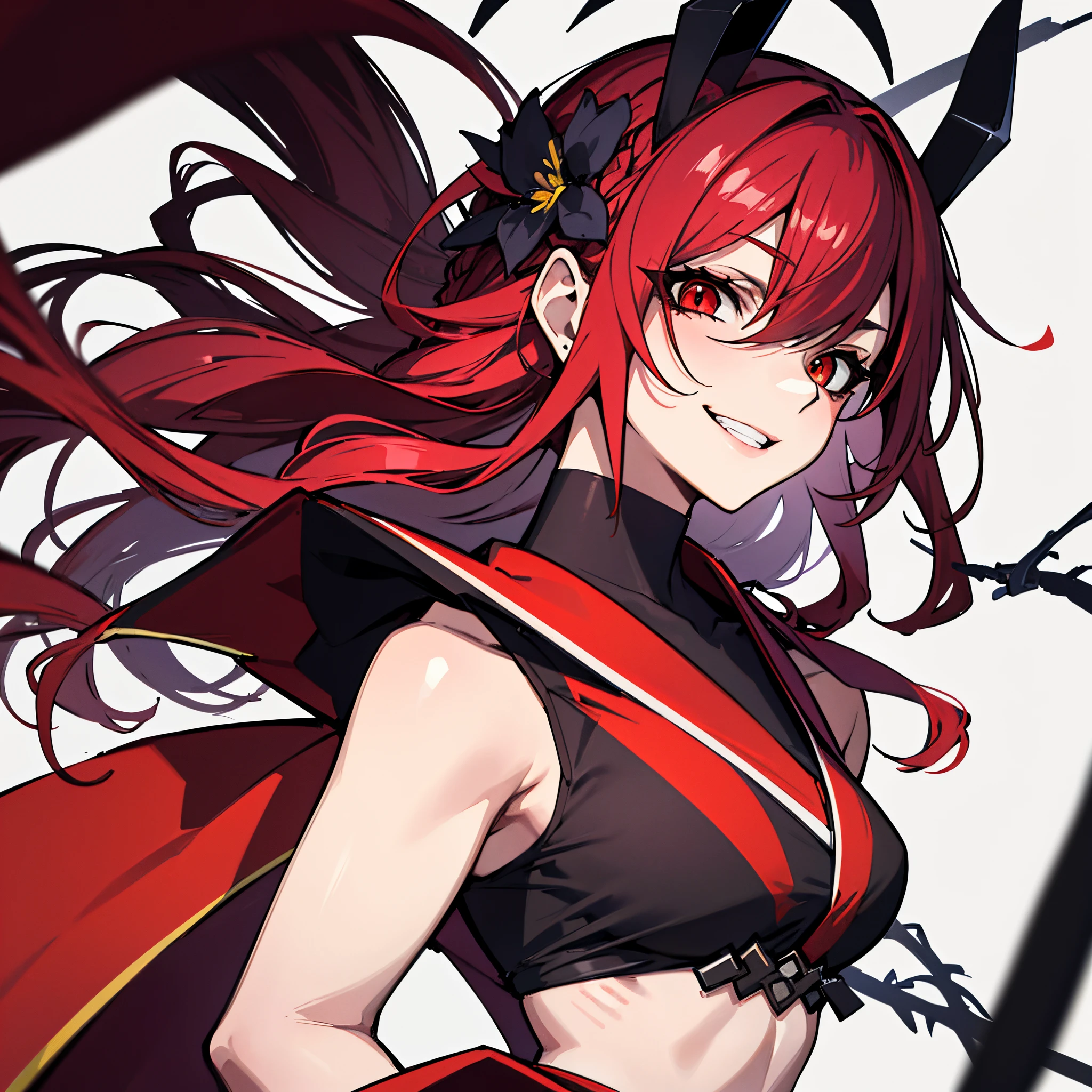 (absurdres, 8k, 4k, masterpiece, hyper extreme detailed:1.2), solo, 1girl, front view, perfect face, 1girl, portrait, expressive eyes, solo, perfect anatomy, evil eyes, female, medium boobs, red kimono, flowers, long red hair, windy, braided hair, evil smile, red eyes, female, spider design, spiders on body