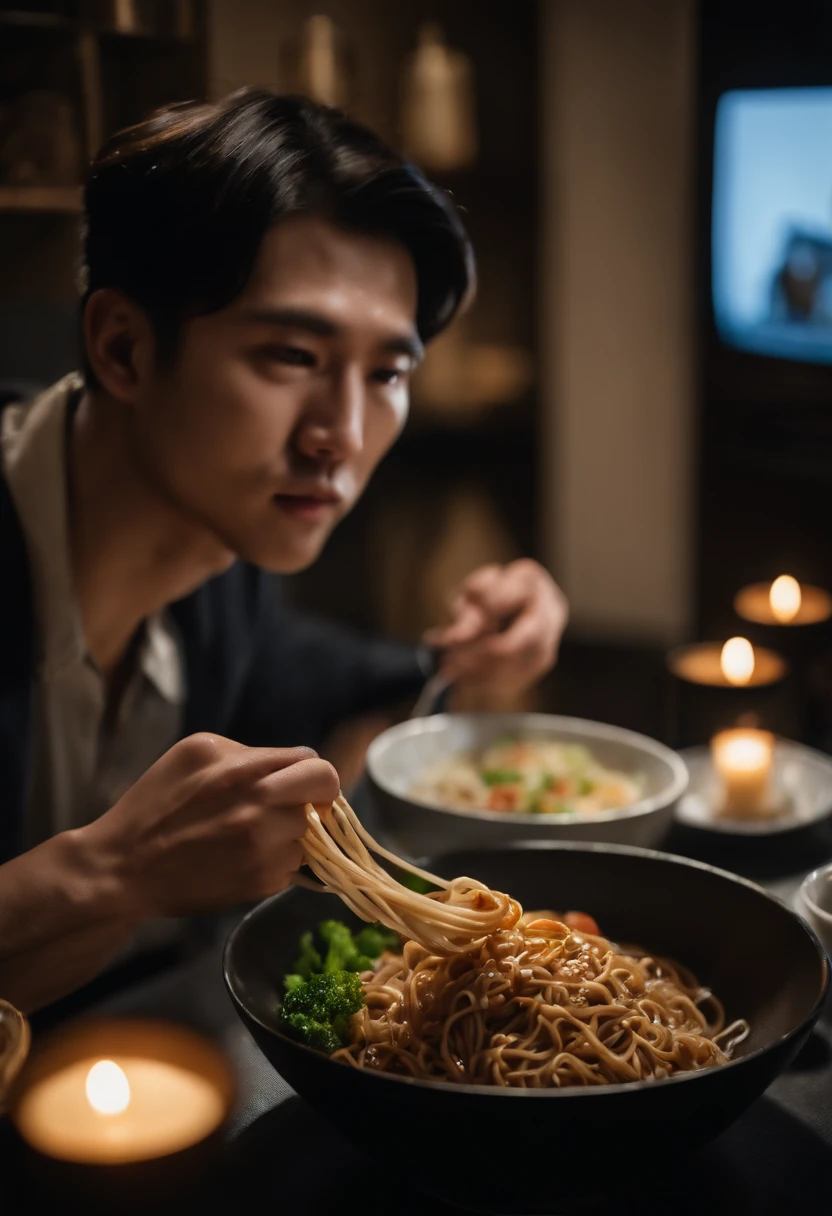 An ordinary 25-year-old man eating New Year's Eve soba noodles while watching TV.、Korean idols are singing and dancing on the TV screen.、