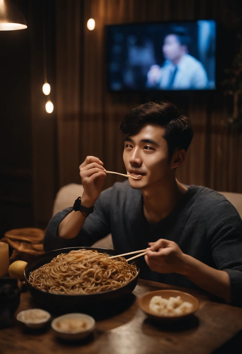 An ordinary 25-year-old man eating New Year&#39;s Eve soba noodles while watching TV.、Korean idols are singing and dancing on the TV screen.、