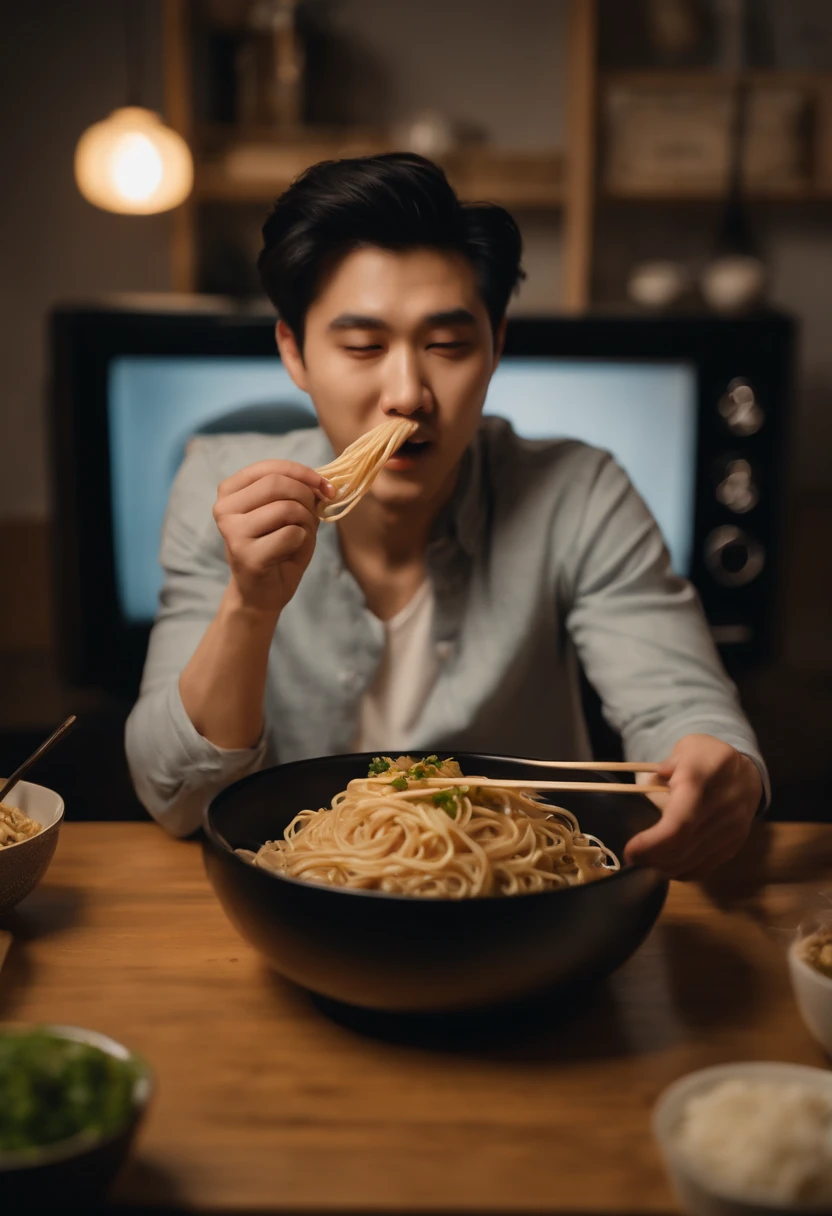 An ordinary 25-year-old man eating New Year's Eve soba noodles while watching TV.、Korean idols are singing and dancing on the TV screen.、