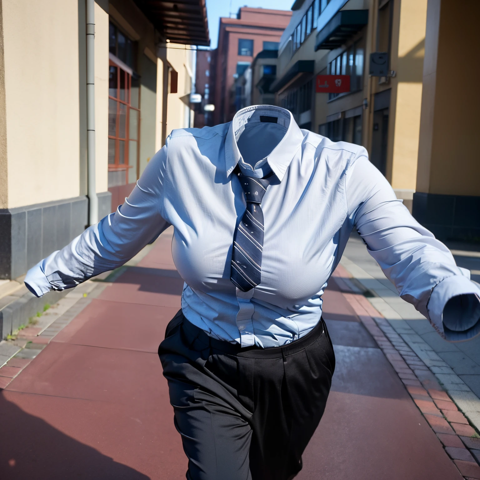 (chubby, fat), collared shirts, slacks, white shirts, blue stripe tie, school, dark grey slacks, school tie, (Running:1.4) (invisible, no humans, headless, faceless:1.5), (cute big breasts), (close-up shot of breasts), photon mapping, radiosity physically-based rendering