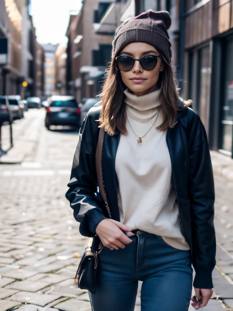 Erstelle ein Bild einer Person, who wears a trendy winter outfit in an urban scene. The outfit should combine style and functionality, um sich der kalten Jahreszeit anzupassen. The person is wearing a warm one, stylishe Jacke, vorzugsweise eine dicke Daunenjacke oder einen Parka in einer neutralen Farbe wie Schwarz oder Khaki, possibly with eye-catching patterns or colors for more individuality. She wears several layers underneath, including a cozy knit sweater or hoodie and a long-sleeved shirt or turtleneck sweater. For the bottoms, she chooses jeans or corduroy pants in dark colors such as black or dark blue, eventuell kombiniert mit thermischen Leggings oder Strumpfhosen. Die Schuhe sind funktionale und stylische Stiefel, wie Lederstiefel oder Boots mit einer wasserdichten Beschichtung, or high-quality sneakers with a warm lining. The outfit is complemented by accessories such as a warm hat or a stylish hat, Handschuhe, a scarf and trendy details such as eye-catching jewelry, a cool pair of sunglasses or a trendy bag. Die Farbpalette reicht von neutralen Farben wie Schwarz, Gray and khaki to bold colors like burgundy, Pine green or navy blue. Der Fokus liegt auf einem stilvollen, funktionalen Look, which retains the urban flair.