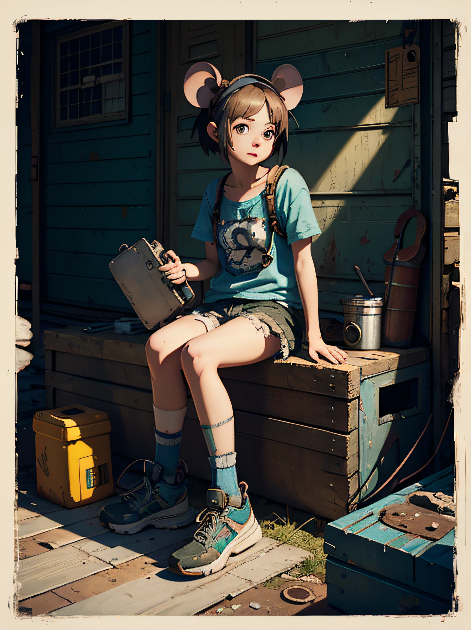 hermosa chica vagabunda junkpunk con un lindo ratoncito de color despojado en sus manos. Por el estilo jon klassen. Renderizado de octanaje, Motor irreal