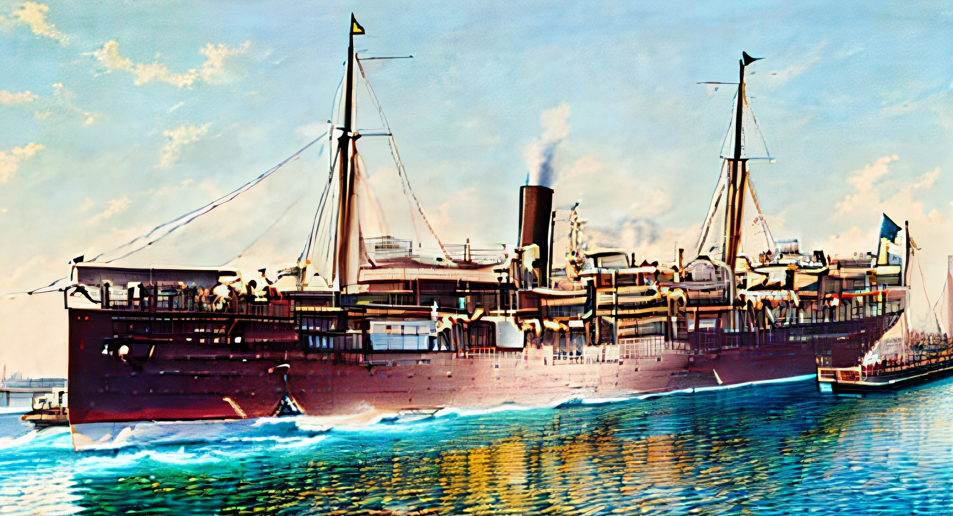 a colorful photorealistic illustration of a ship with people on deck on a river, 1902