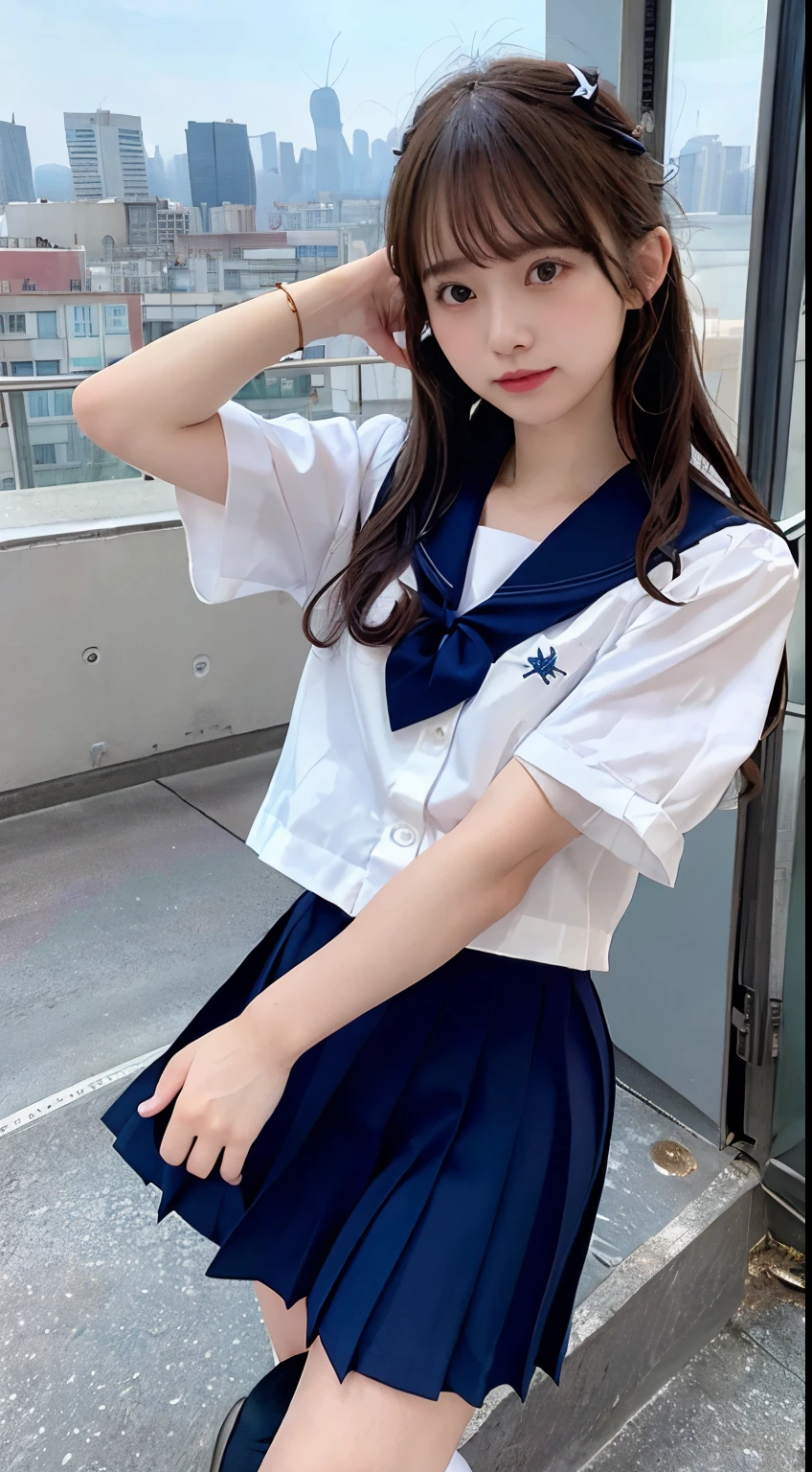 photo of a girl standing on roof top Observatory of high-building, wearing (crop-top:0.5) school sailor uniform, pleated blue skirt, perfect fingers, perfect hands, windy, look thighs, standing on the (elevation:1.5), city view, TOWER Observatory, high place, tea ceremony, JK style, short-sleeved JK shirt, long-sleeved JK sailor, JK suit, JK tie,