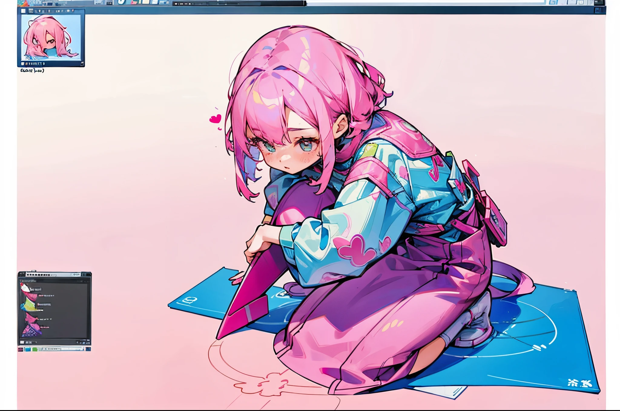 Girl, pink hair, a girl sitting on the ground while drawing on a graphic tablet, beautiful, colorful