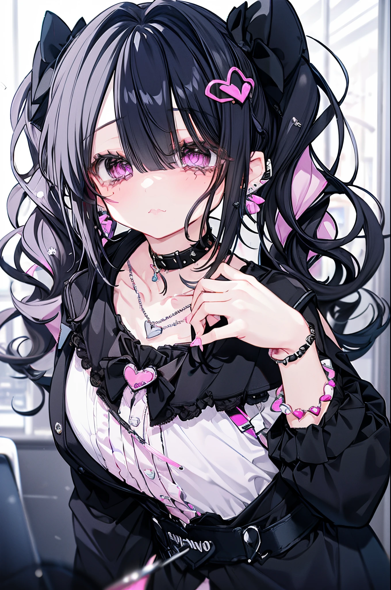 a girl dressed up in black has pink hair, large lashes, and is holding a knife and necklace, 1girl, solo, twintails, black hair, jewelry, jirai kei, bow, long hair, kawaii eyes, earrings, mole under eye, hair bow, blush, hair intakes, looking at viewer, shirt, mole, heart, collar, closed mouth