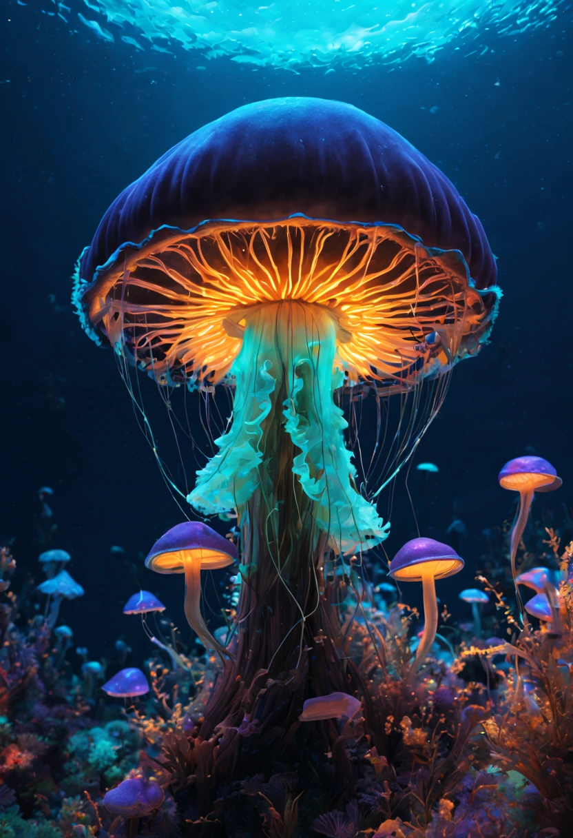 Bioluminescent Mushroom, jellyfish, blacklight, undersea, ultra-wide-angle, octane render, Enhance, intricate, (best quality, masterpiece, Representative work, official art, Professional, unity 8k wallpaper:1.3)