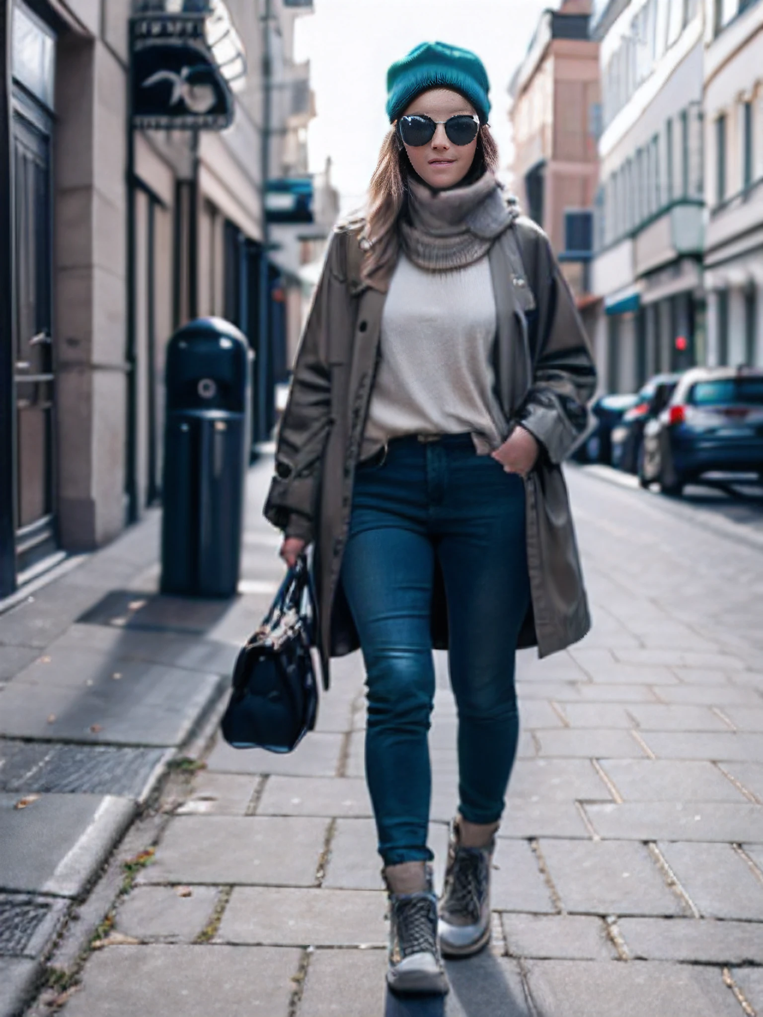 Erstelle ein Bild einer Person, who wears a trendy winter outfit in an urban scene. The outfit should combine style and functionality, um sich der kalten Jahreszeit anzupassen. The person is wearing a warm one, stylishe Jacke, vorzugsweise eine dicke Daunenjacke oder einen Parka in einer neutralen Farbe wie Schwarz oder Khaki, possibly with eye-catching patterns or colors for more individuality. She wears several layers underneath, including a cozy knit sweater or hoodie and a long-sleeved shirt or turtleneck sweater. For the bottoms, she chooses jeans or corduroy pants in dark colors such as black or dark blue, eventuell kombiniert mit thermischen Leggings oder Strumpfhosen. Die Schuhe sind funktionale und stylische Stiefel, wie Lederstiefel oder Boots mit einer wasserdichten Beschichtung, or high-quality sneakers with a warm lining. The outfit is complemented by accessories such as a warm hat or a stylish hat, Handschuhe, a scarf and trendy details such as eye-catching jewelry, a cool pair of sunglasses or a trendy bag. Die Farbpalette reicht von neutralen Farben wie Schwarz, Gray and khaki to bold colors like burgundy, Pine green or navy blue. Der Fokus liegt auf einem stilvollen, funktionalen Look, which retains the urban flair.