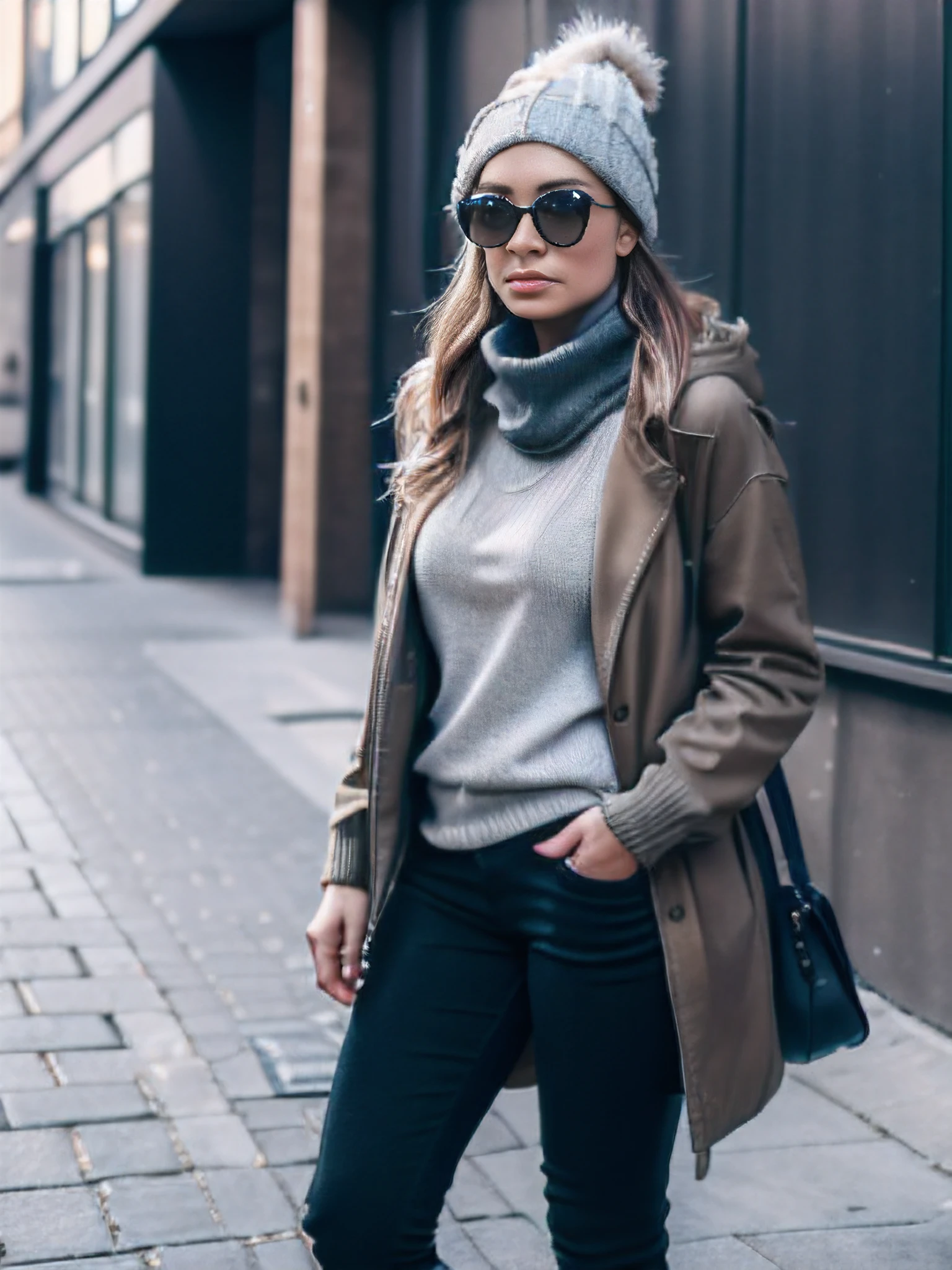 Erstelle ein Bild einer Person, who wears a trendy winter outfit in an urban scene. The outfit should combine style and functionality, um sich der kalten Jahreszeit anzupassen. The person is wearing a warm one, stylishe Jacke, vorzugsweise eine dicke Daunenjacke oder einen Parka in einer neutralen Farbe wie Schwarz oder Khaki, possibly with eye-catching patterns or colors for more individuality. She wears several layers underneath, including a cozy knit sweater or hoodie and a long-sleeved shirt or turtleneck sweater. For the bottoms, she chooses jeans or corduroy pants in dark colors such as black or dark blue, eventuell kombiniert mit thermischen Leggings oder Strumpfhosen. Die Schuhe sind funktionale und stylische Stiefel, wie Lederstiefel oder Boots mit einer wasserdichten Beschichtung, or high-quality sneakers with a warm lining. The outfit is complemented by accessories such as a warm hat or a stylish hat, Handschuhe, a scarf and trendy details such as eye-catching jewelry, a cool pair of sunglasses or a trendy bag. Die Farbpalette reicht von neutralen Farben wie Schwarz, Gray and khaki to bold colors like burgundy, Pine green or navy blue. Der Fokus liegt auf einem stilvollen, funktionalen Look, which retains the urban flair.