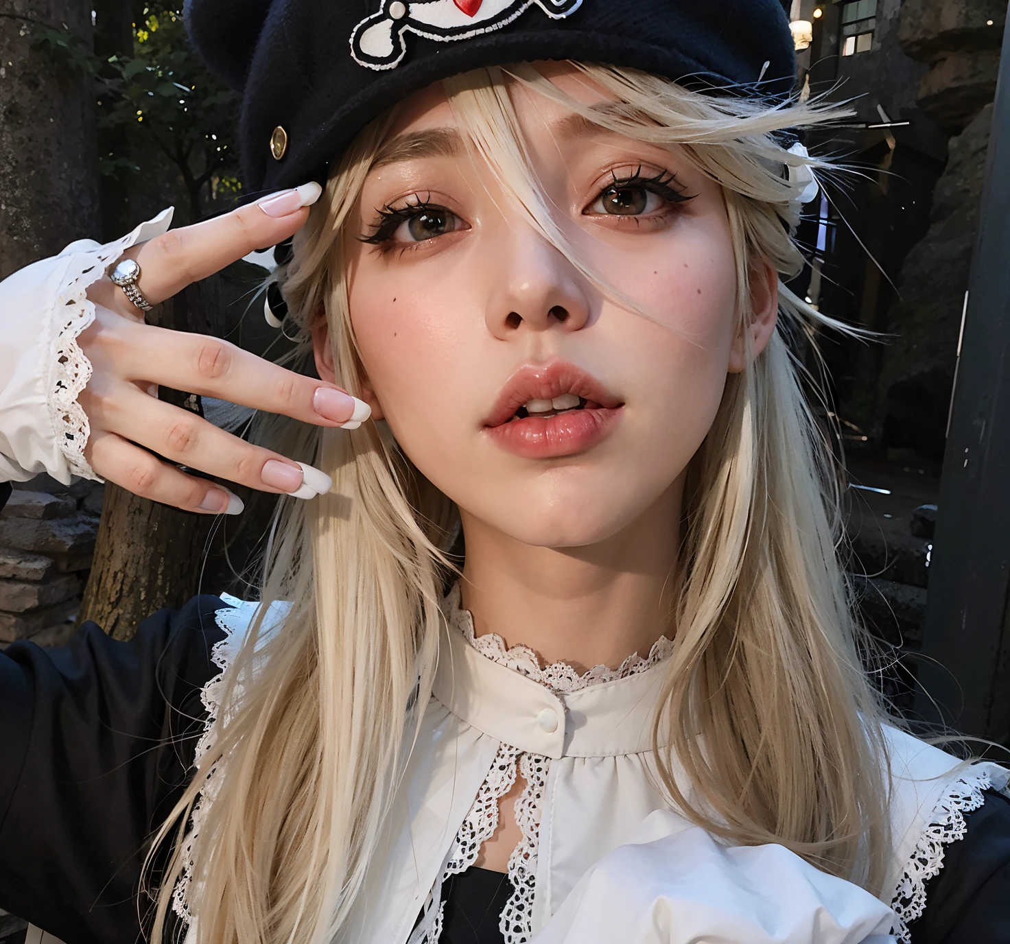 blond girl with white gloves and a black hat posing for a picture, white bangs, belle delphine, hair whitebangs hair, anime inspired, anime vibes, white hime cut hairstyle, perfect white haired girl, marisa kirisame, anime girl in real life, long white hair and bangs, with white long hair, whitebangs, anime girl cosplay