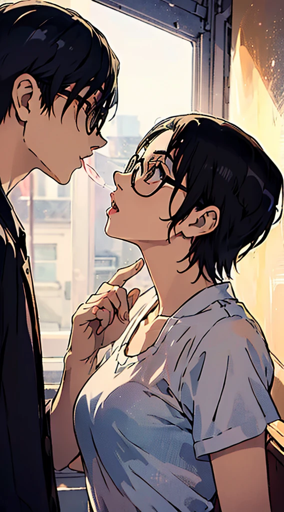 Two people, (1boy, Solo, Black hair,Short hair, ) (1girl in, Solo, Glasses, Blonde hair, Short hair, ) Happiness in love、1 girl , 1 boy, Couple in love, Man and woman, Kissing, gros-plan, Mouth open, most memorable scene, Soft light, exposure blend, medium shot