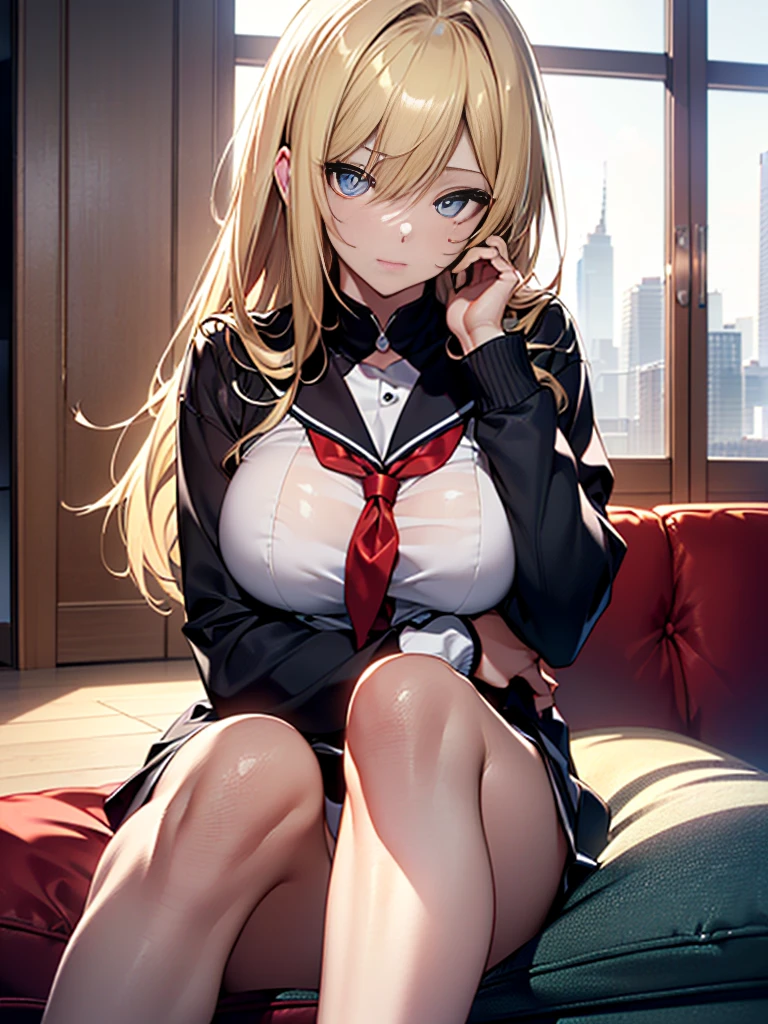 (top-quality,High resolution,(Ultra high definition,4K), (超A high resolution,in 8K), extremely detailed CG unified 8k wallpaper, masutepiece:1.2), (Perfect Anatomy,Anatomically accurate), ((Sitting on a sofa in the lobby of a luxury hotel, legs wide open)),Angle from below), (Girls' High School Sailor Uniform), (Soft lighting, 光线追踪), ((1 beautiful woman), High-definition beauty face, high-definition picture, See-through panties, (Crisp double eyelids), (Put your hand on your cheek), (Large breasts:1.3), (Soft skin), (Photorealistic), (Glowing skin), (colourful hair), (blondehair)