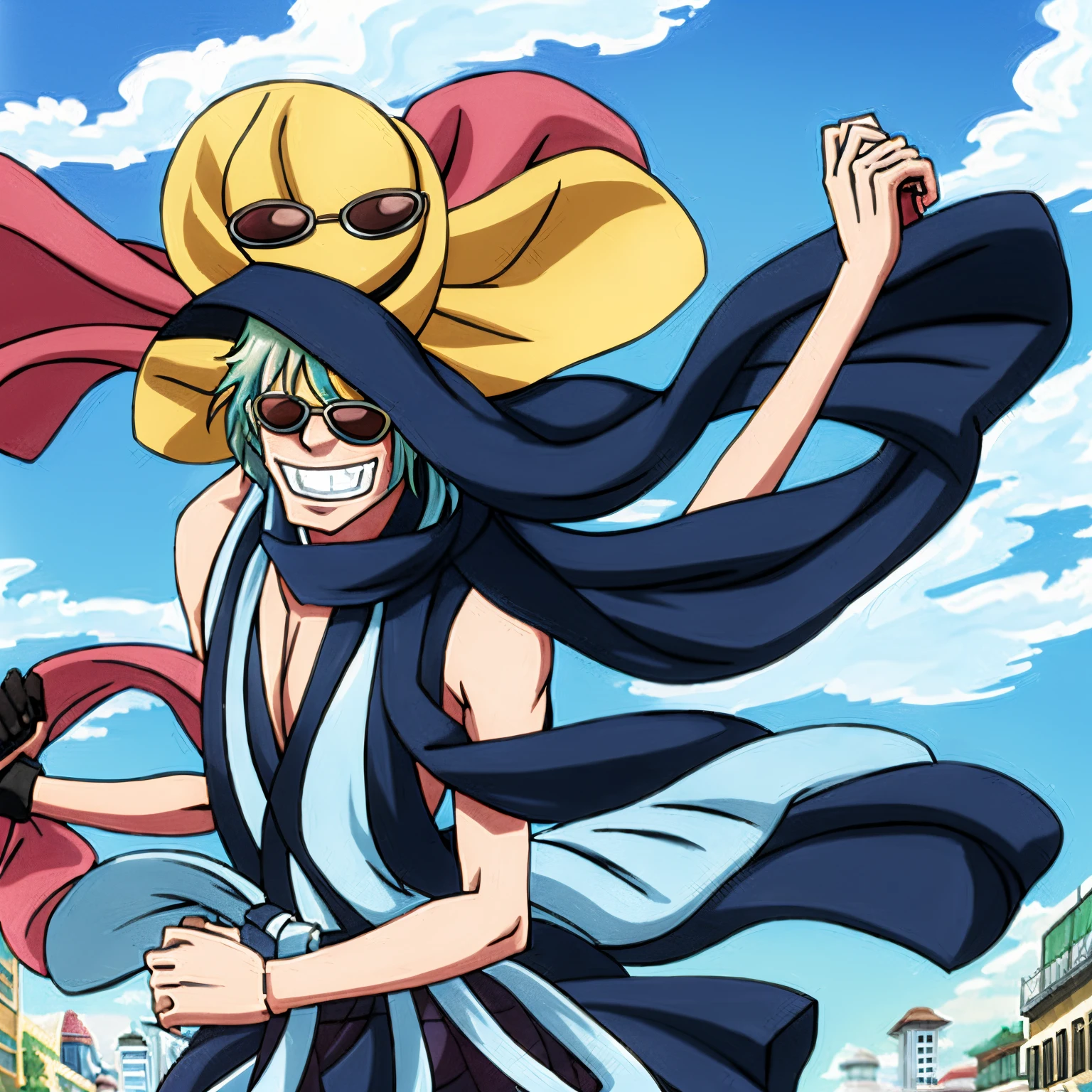 a strange man skating down the streets with long, pink hair covering a side of his face and wearing dark blue circular sunglasses. He has a long light blue scarf covering his neck and the bottom half of his face and wears a white sleeveless shirt with a dark blue cloth wrapped around the waist flowing in the wind with the scarf