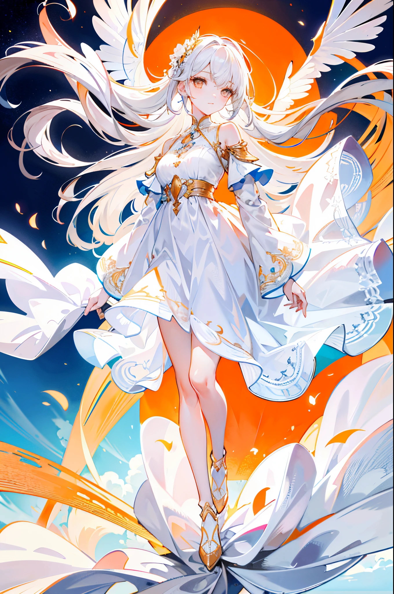(Best illumination, An extremely delicate and beautiful), Clouds, mid afternoon, Orange sky, 1girll, (full body:1.2), White dress, Look up, Highly detailed, Beautiful detailed eyes, White hair