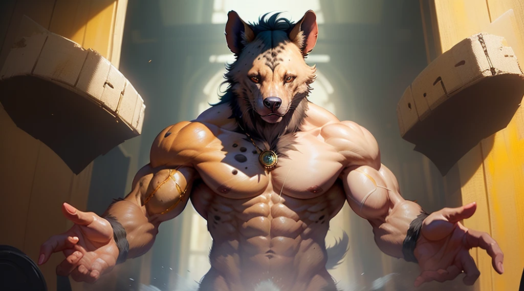 Hyena man with muscles,  releasing a little bit of pre and has a seductive look towards the front