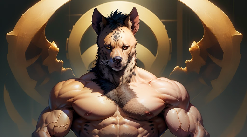 Hyena man with muscles, releasing a little bit of pre and has a seductive look towards the front