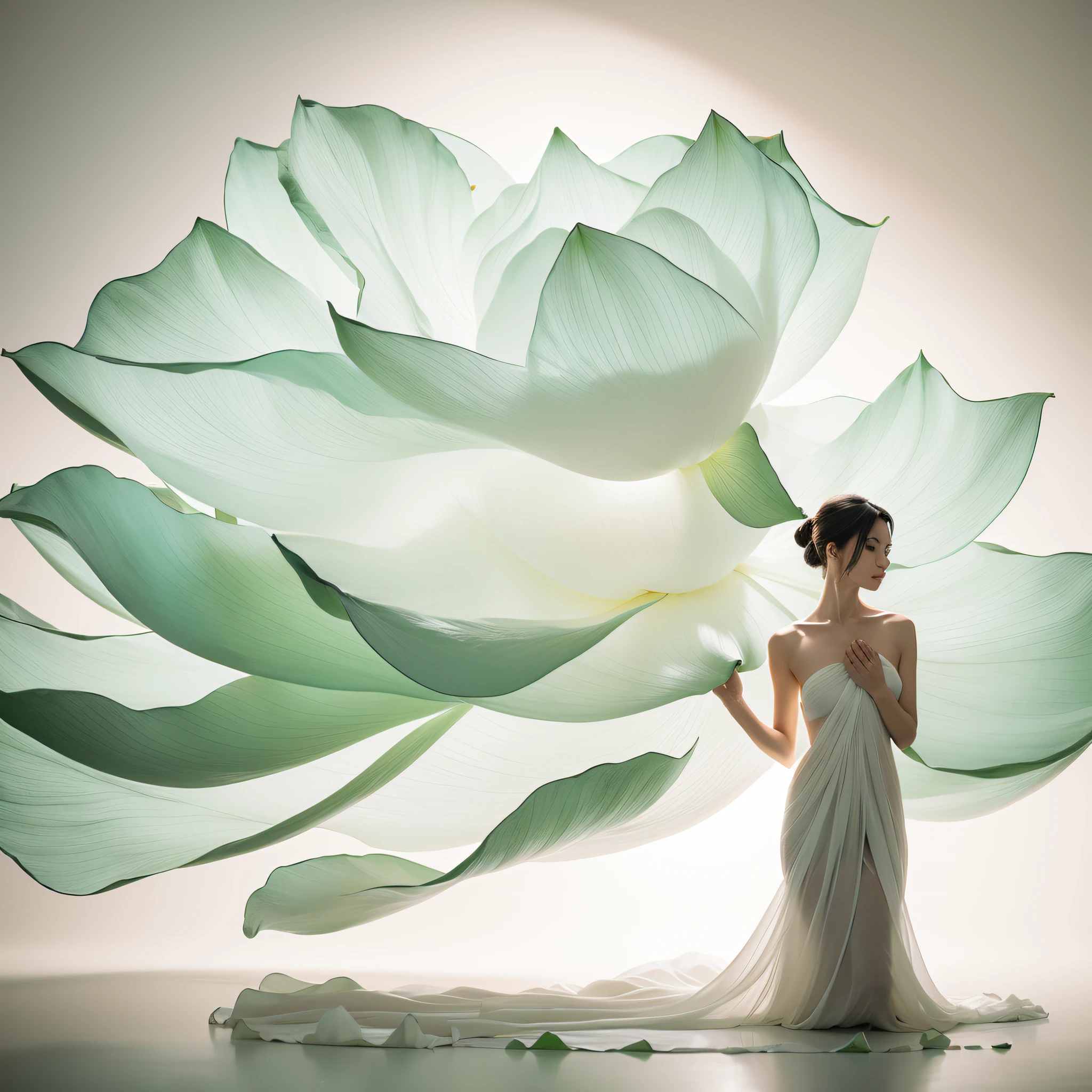 Light jade tone,simple white background, lighting effect, minimalist, elegant, pure gentle, soft light, photorealistic. a women (collarbone, shoulders) posing (praying and standing) with The hyper-giant lotus with huge and long petals (petal made of a thin and soft tulle fabric, flowy petals fully background, floating petals, hyper-flying petals, smoke effect mix with petal), lotus dress