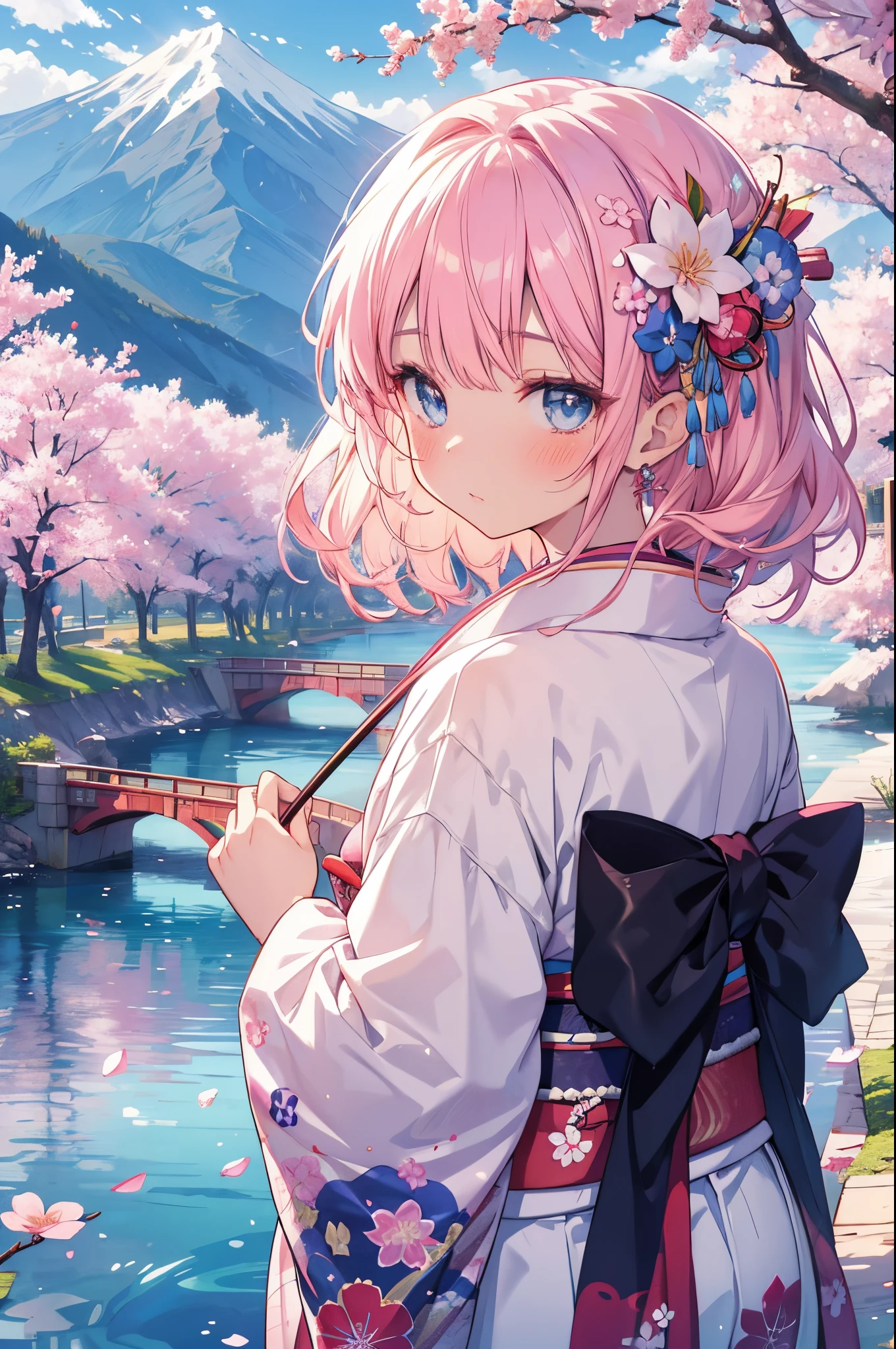 an anime girl in white holding pink flowers by a river with mountains in the background, 1girl, outdoors, japanese clothes, solo, cherry blossoms, kimono, pink hair, looking at viewer, mountain, blush, blue eyes, flower, bridge, hair ornament, holding flower, holding, bangs, sash, day, tree, obi