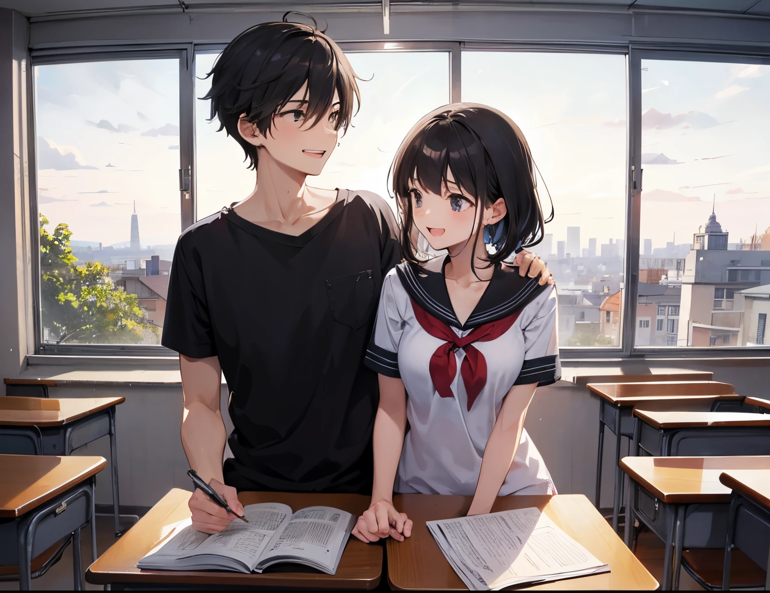 A couple, student, in classroom, laugh, romantic atmosphere, happy atmosphere, landscape