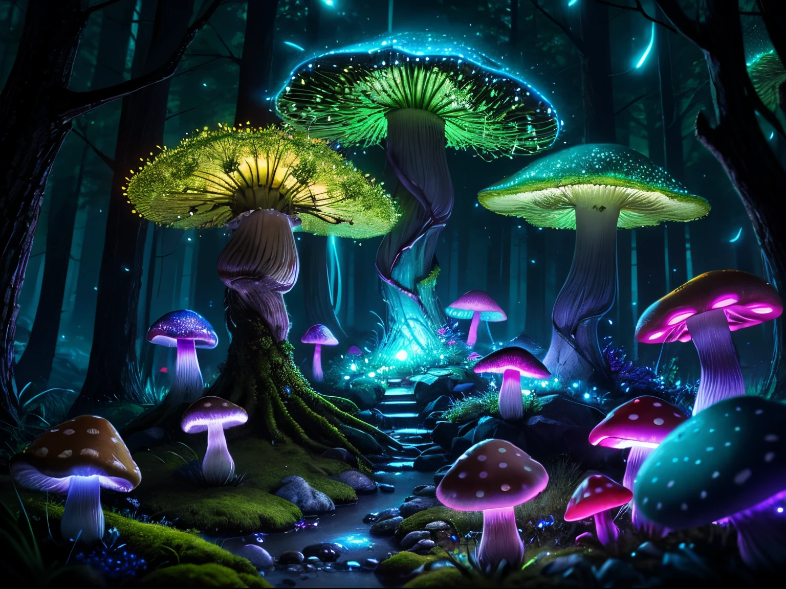 (highly detailed:1.2), colorful, (best quality:1.2),8k,sharp focus, (subsurface scattering:1.1) (glowing magic bioluminescent mushrooms:1.2),psychadelic magic particles inthe air, (neon bioluminescent mushroom forest at night:1.2), (magical fireflies:1.2) (very detailed trees and rocks and moss:1.2), (highly detailed background:1.3), RPG, Elden Ring style, (fantasy:1.3),(hyperrealistic:1.1), (((night))), cinematic lighting, highly detailed, artstation,smooth, sharp focus, artgerm, greg rutkowski, editor's pickup, trending on artstation, trending on deviantart, wlop, (contrast:0.4),