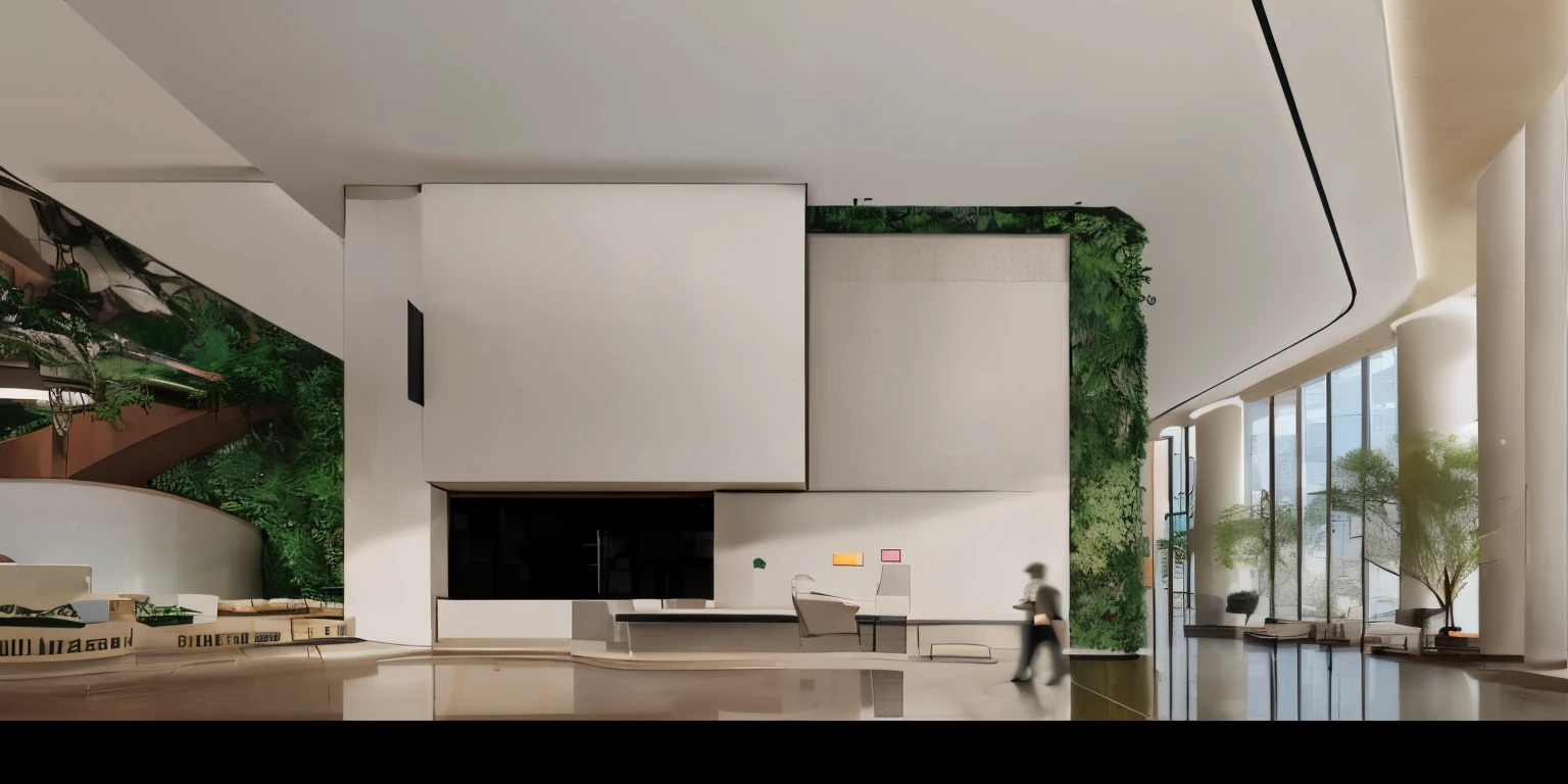 Office lobby,Greenery,white green stone,gray white ground,atmospurate,high-class,natural soft light