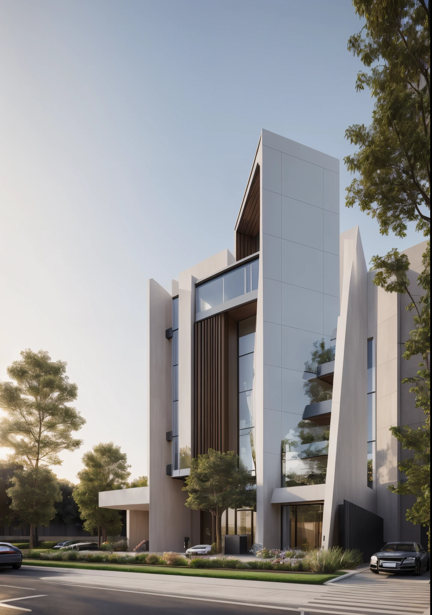 (masterpiece),(high quality), best quality, real,(realistic), super detailed,(full detail),(4k),8k,modern office exterior design,Modern architecture,Beautiful_sky,sunrise_light,(gentle light),((no_strong_contrast)), no_humans, outdoors,sky,(strong interior light),
