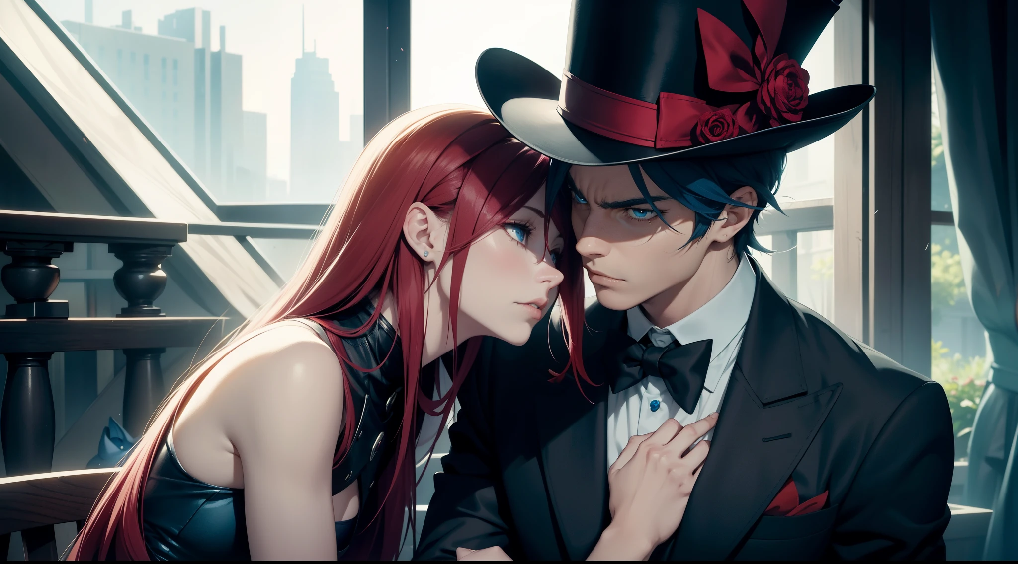 "Create an image that depicts Quinn Newman, the hero, and Stitch, the seductive villain, in a tense encounter. Quinn, with his dark blue eyes, stands his ground, wearing his precious top hat. Stitch, with her pale skin, yellow eyes, and bloody red hair, leans in seductively, trying to kiss Quinn. The scene should capture the complex relationship between them, with Quinn showing a mix of pity and care, while Stitch attempts to seduce him. The background could reflect the duality of their relationship, combining elements of heroism and villainy, adding to the overall tension in the image."