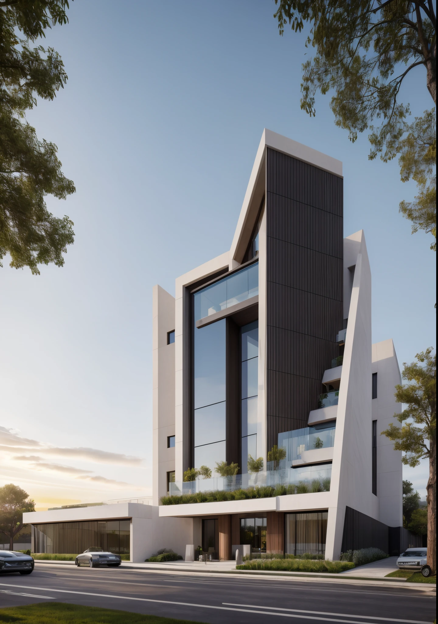 (masterpiece),(high quality), best quality, real,(realistic), super detailed,(full detail),(4k),8k,modern office exterior design,Modern architecture,Beautiful_sky,sunrise_light,(gentle light),((no_strong_contrast)), no_humans, outdoors,sky,(strong interior light),
