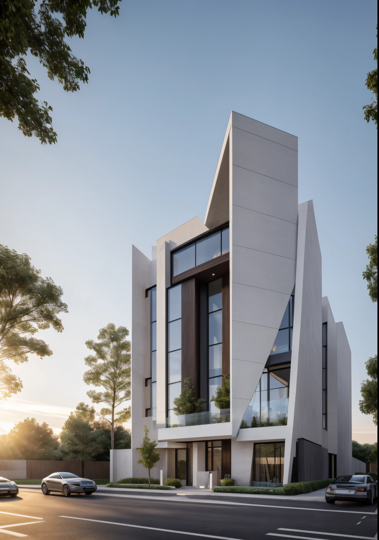 (masterpiece),(high quality), best quality, real,(realistic), super detailed,(full detail),(4k),8k,modern office exterior design,Modern architecture,Beautiful_sky,sunrise_light,(gentle light),((no_strong_contrast)), no_humans, outdoors,sky,(strong interior light),