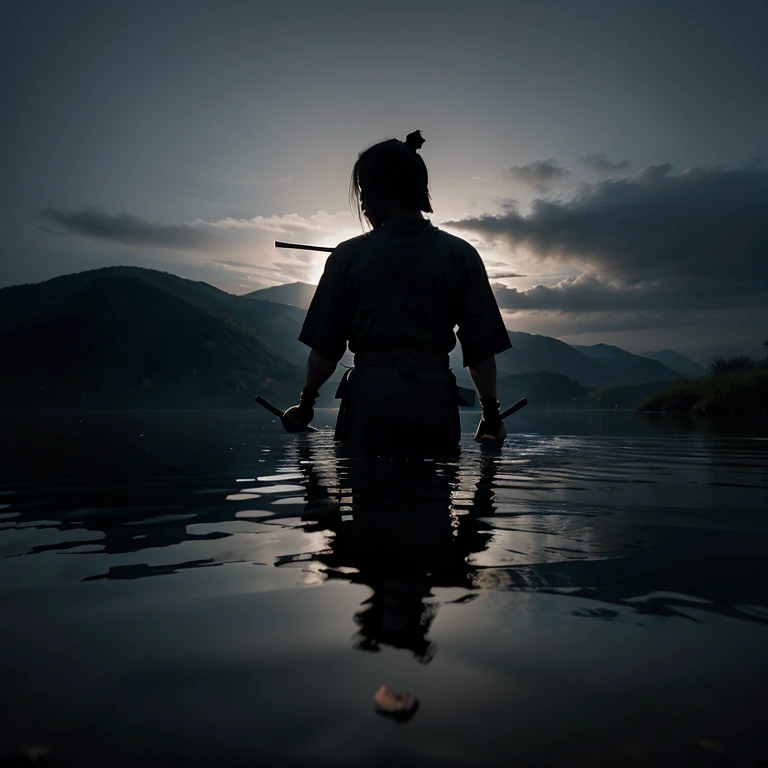 A lone samurai strides through the shallow waters of a dimly lit lake, grasping katanas in hand. The atmosphere is ominous, with the only source of illumination being the haunting reflection of a blue moon casting an eerie glow on the samurai's silhouette and the murky waters below.