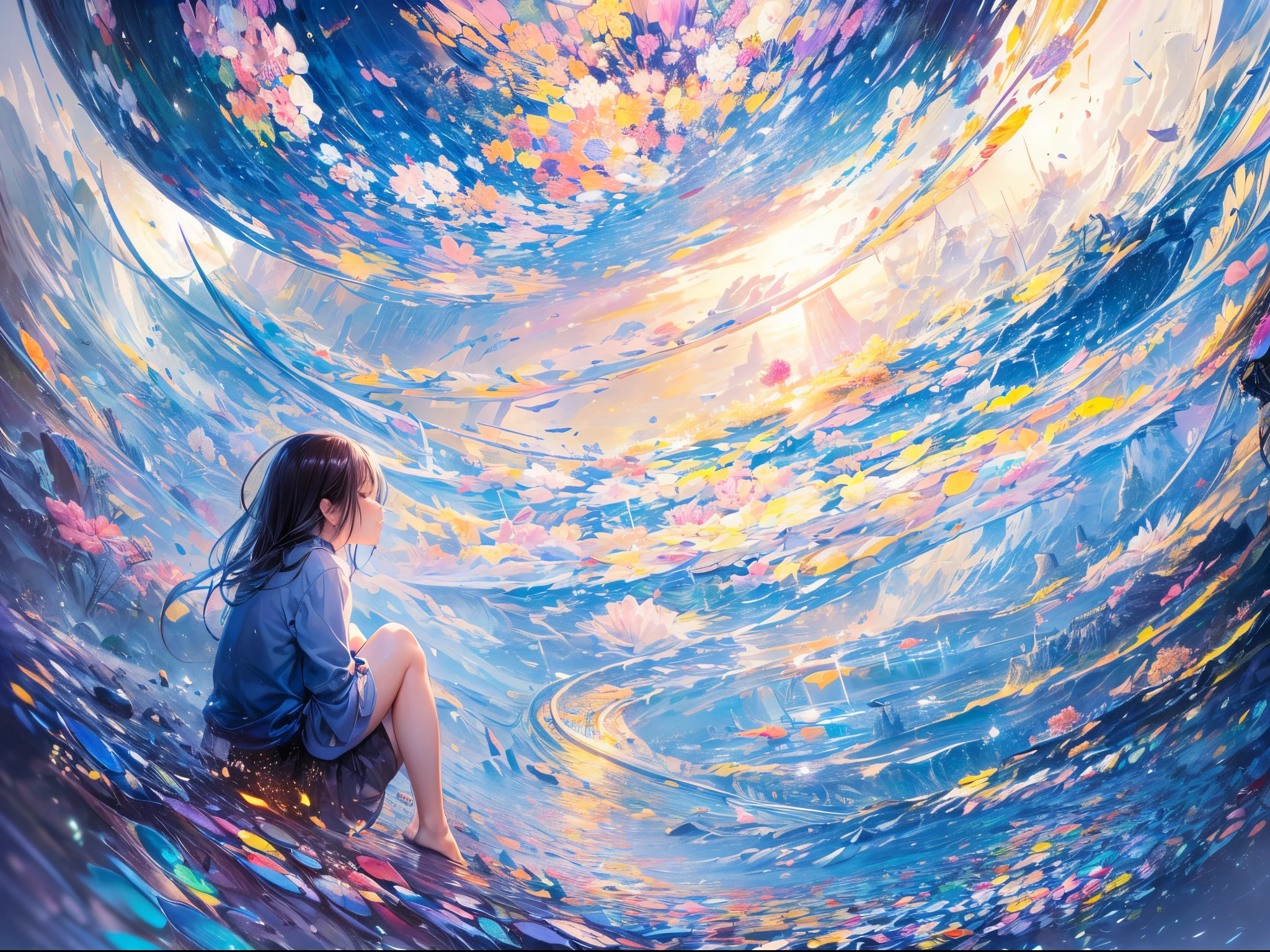 top-quality,masutepiece,1womanl,独奏,(abstract art:1.4),(Superb view:1.6),(A sparkling blue world:1.4),(Close your eyes and shed tears:1.4)There is a beautiful woman at the center of the world,A ray of light,prisma,i just stood there,i exhale、I am clumsy,I'm running away from being hurt,I comfort myself by going back and forth between reality and my notes.,What a difficult world to live in.,Please be by my side so that my sadness disappears.,don't take everything away,No one will scold you if you take a short break.,a person々complexion while observing,very sad and pathetic,timid and beautiful,I'm afraid of being hated,I wonder if I can believe it?;You don't have to try too hard,please accept yourself kindly,The words shine with all their might,