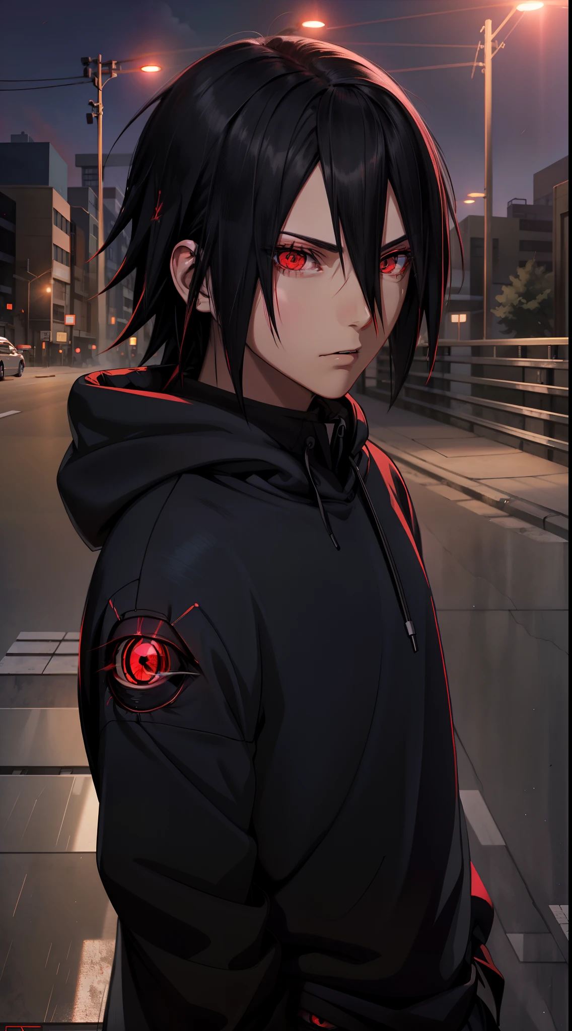 Masterpiece, 1man, Superb Style, Urban Streetwear Hoodie, Outdoor, Upper Body, Uchiha Sasuke, bright red eyes, black hair, cool, dinamic lighting, vivid colours, ultra detailed