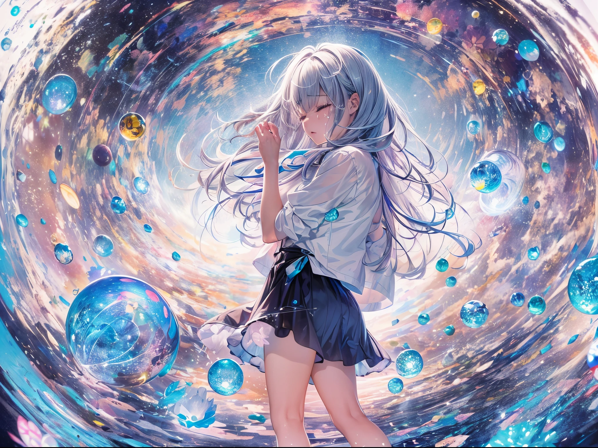 top-quality,masutepiece,1womanl,独奏,(abstract art:1.4),(Superb view:1.6),(A sparkling blue world:1.4),(Close your eyes and shed tears:1.4)There is a beautiful woman at the center of the world,A ray of light,prisma,i just stood there,i exhale、I am clumsy,I'm running away from being hurt,I comfort myself by going back and forth between reality and my notes.,What a difficult world to live in.,Please be by my side so that my sadness disappears.,don't take everything away,No one will scold you if you take a short break.,a person々complexion while observing,very sad and pathetic,timid and beautiful,I'm afraid of being hated,I wonder if I can believe it?;You don't have to try too hard,please accept yourself kindly,The words shine with all their might,