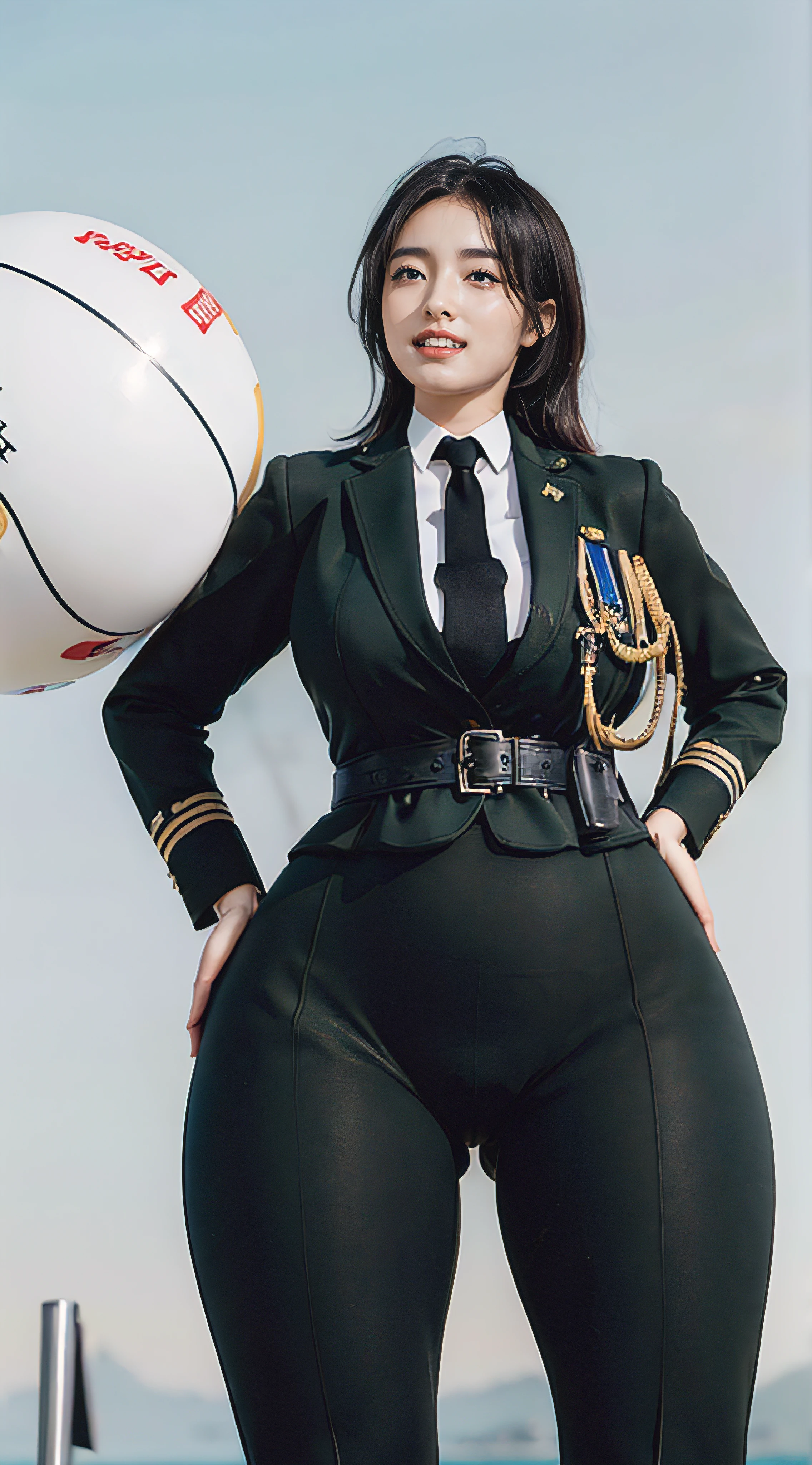 Usually detailed CG Unity 8K wallpaper，（tmasterpiece），（Best quality at best），（ultra - detailed），（ultra real photo），（best character detail：1.36），Nikon D750F / 1.4 55mm，RAW photos，profesional lighting， physically-based renderingt, 1 plump girl, girl soldier，(Dark green military uniform，(Dark green military uniform)，Fabric texture military uniform，buisness suit)，(Wear a plain white shirt under the jacket)，(black necktie)，((Black panty,))，bare-legged，Plump legs，black hair color hair，(military hat，Large wavy curls，Do not tie your hair，Short hair details)，the golden ratio,[:(Have a delicate face:1.2):0.2]:，pure love face_v1，thick bushy eyebrows，broad shoulder,(gigantic cleavage breasts:1.45),(gigantic ass),(Plump thighs:1.45),(Wide crotch:1.55),(I look up from below:1.55)，((both hands on hip):1.4)，Close-up shot，((smiling with narrow eyes，Smile full of confidence，There is by the sea):1.35)，(((Close-up of panties),Close-up of chest,facial closeups,Front view))，(Sunset sky，gentlesunlight，sunshine on face，(light shining on face)，blue-sky，Sunny smile，light glow)，white teeth，(looking at me)，(((thicc, big booty, Loot with outstanding curves, thick thight, Wide hips, Buttocks swell crazily,🐎🍑) )，azur lane style)，high-heels，